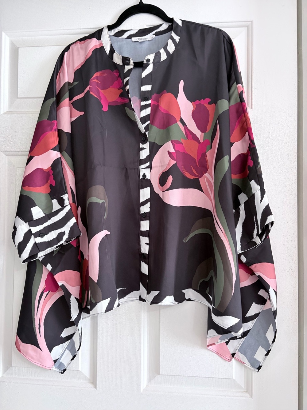 Chico's Black Sheer Floral Button-Front Tunic with Pink Accents